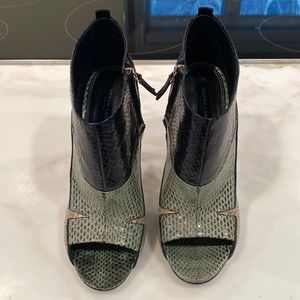 Derek Lam Open Toe Heels. US Size 10. Black, tan, green snakeskin pattern.